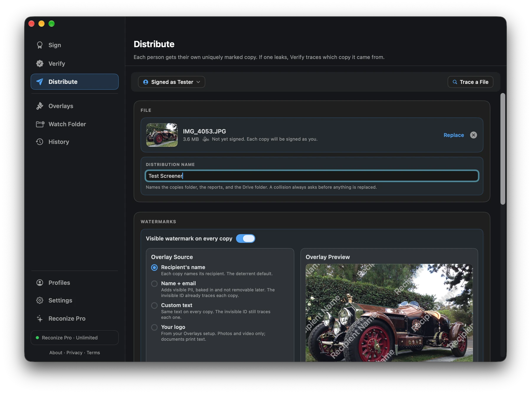 Reconize Distribute screen: per-recipient watermarked copies with delivery via Google Drive and a locked recipient list