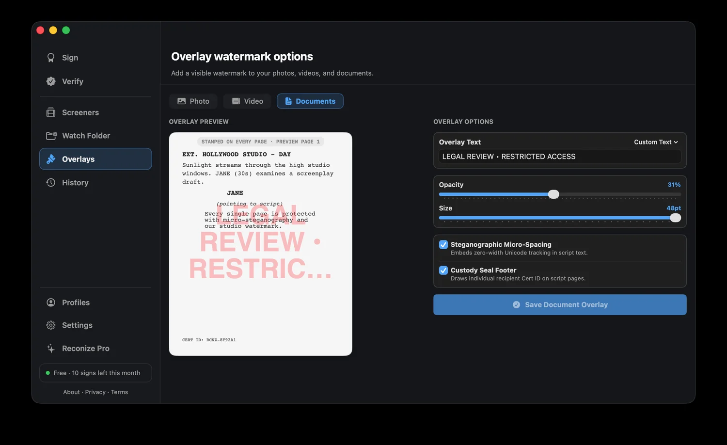 Reconize document signing: per-page seal and recipient cert ID on a screenplay