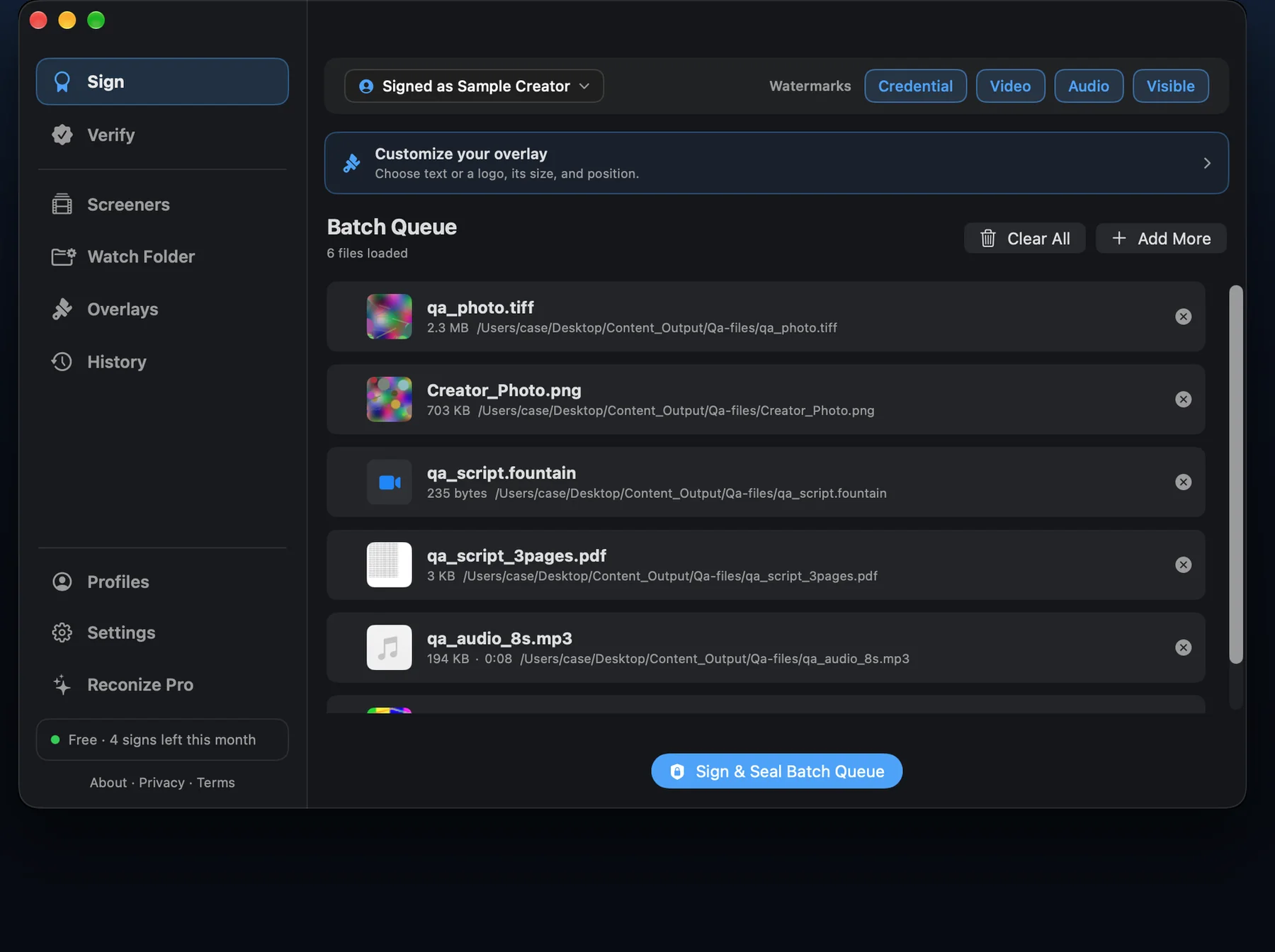 Reconize Sign screen: a batch of files queued to sign, signed as a verified creator, with the credential, video, audio and visible watermark layers