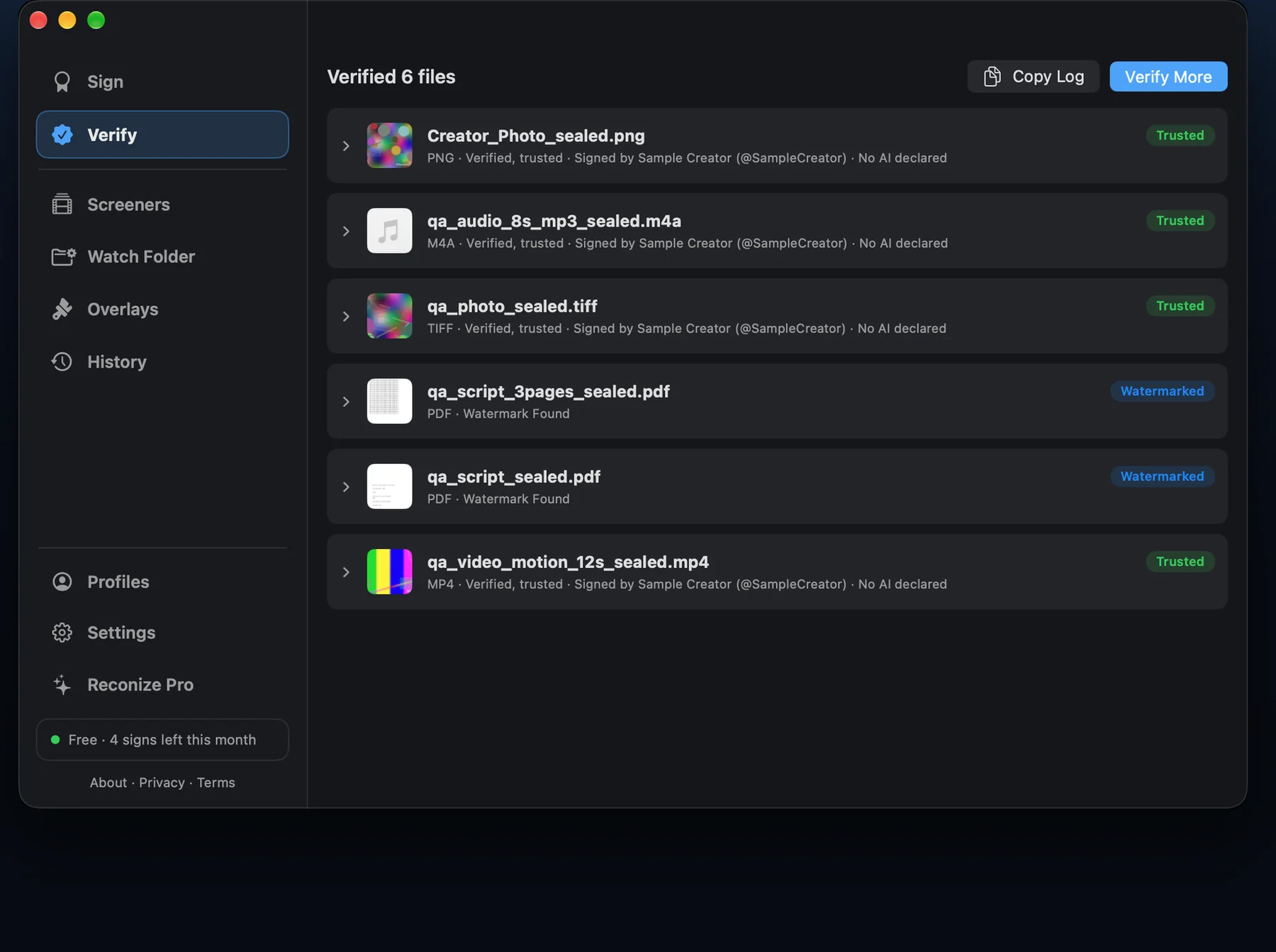 Reconize Verify screen: verified files showing who signed each one and whether it changed, with trusted and watermarked results