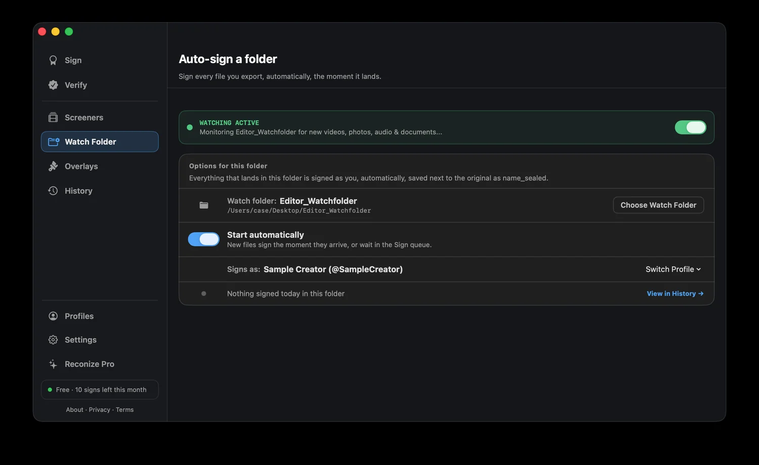 Reconize Watch Folder: auto-sign every render the moment it lands