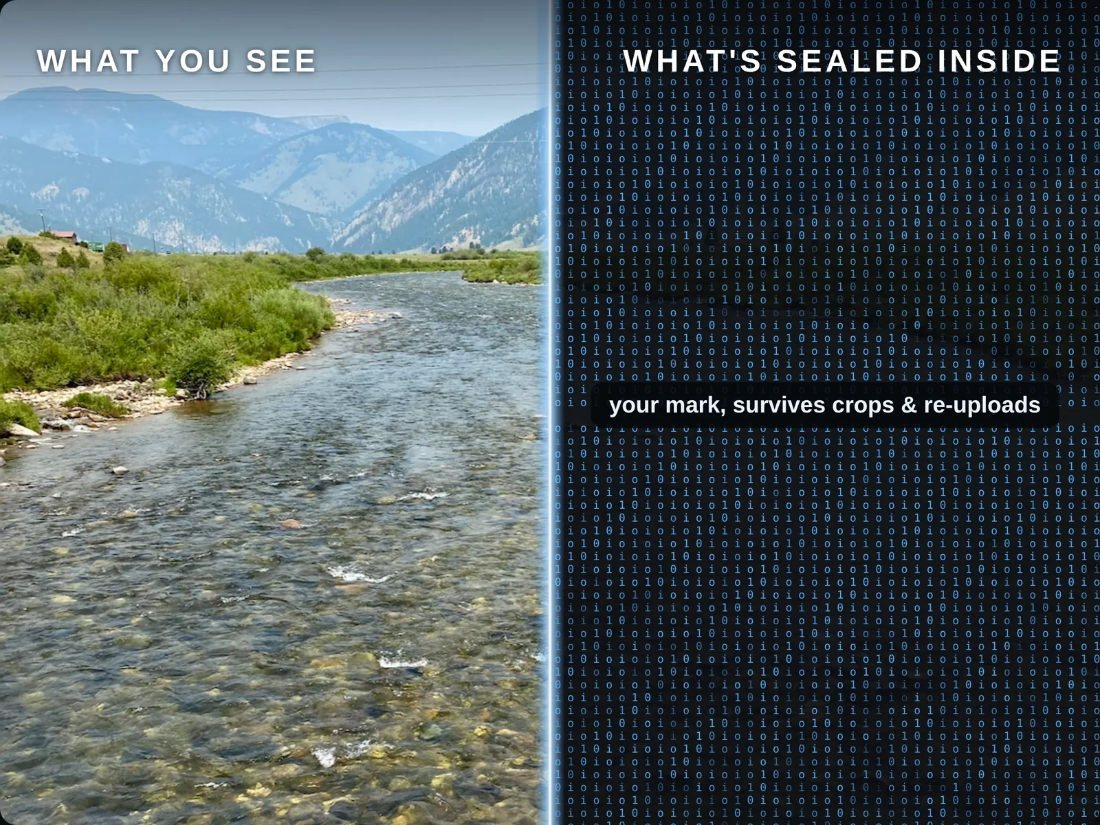 The same file shown two ways: the photo you see, and the same image rendered as io/10 code with a Reconize mark sealed inside